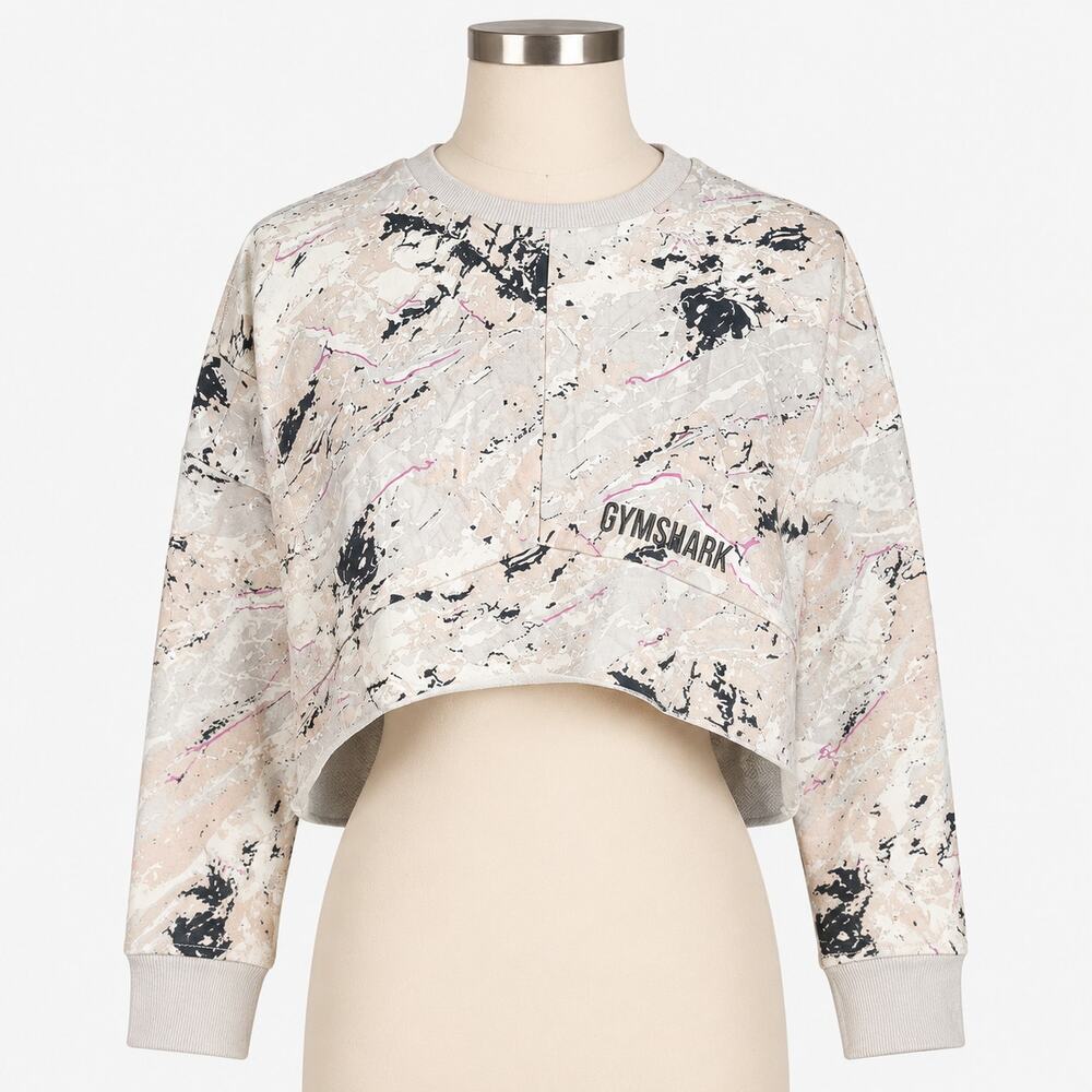 Gymshark Cropped Sweatshirt Small Marble Print Crew Neck Pullover Beige Pink